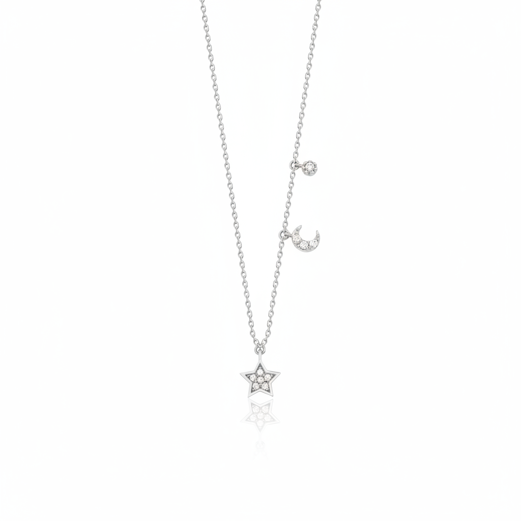 white gold crescent moon and star pendant necklace on white background