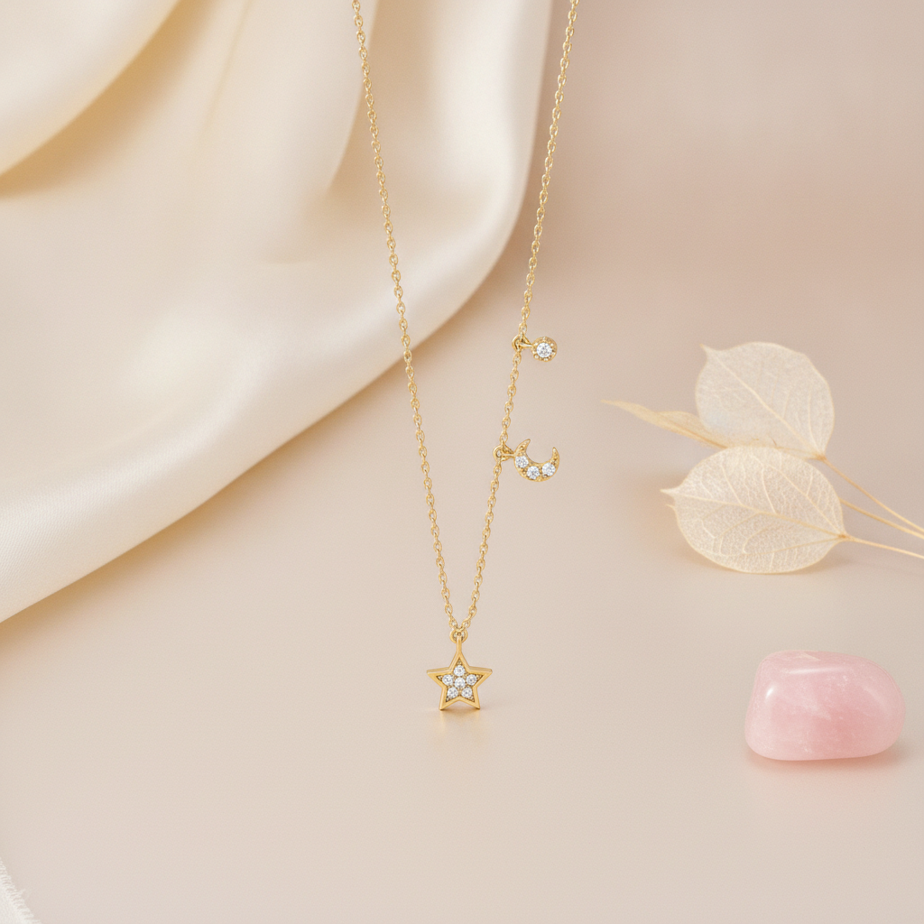 gold crescent moon and star pendant necklace styled with dried leaves and a pink stone on a cream background