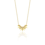 yellow gold sunburst pendant necklace on white background