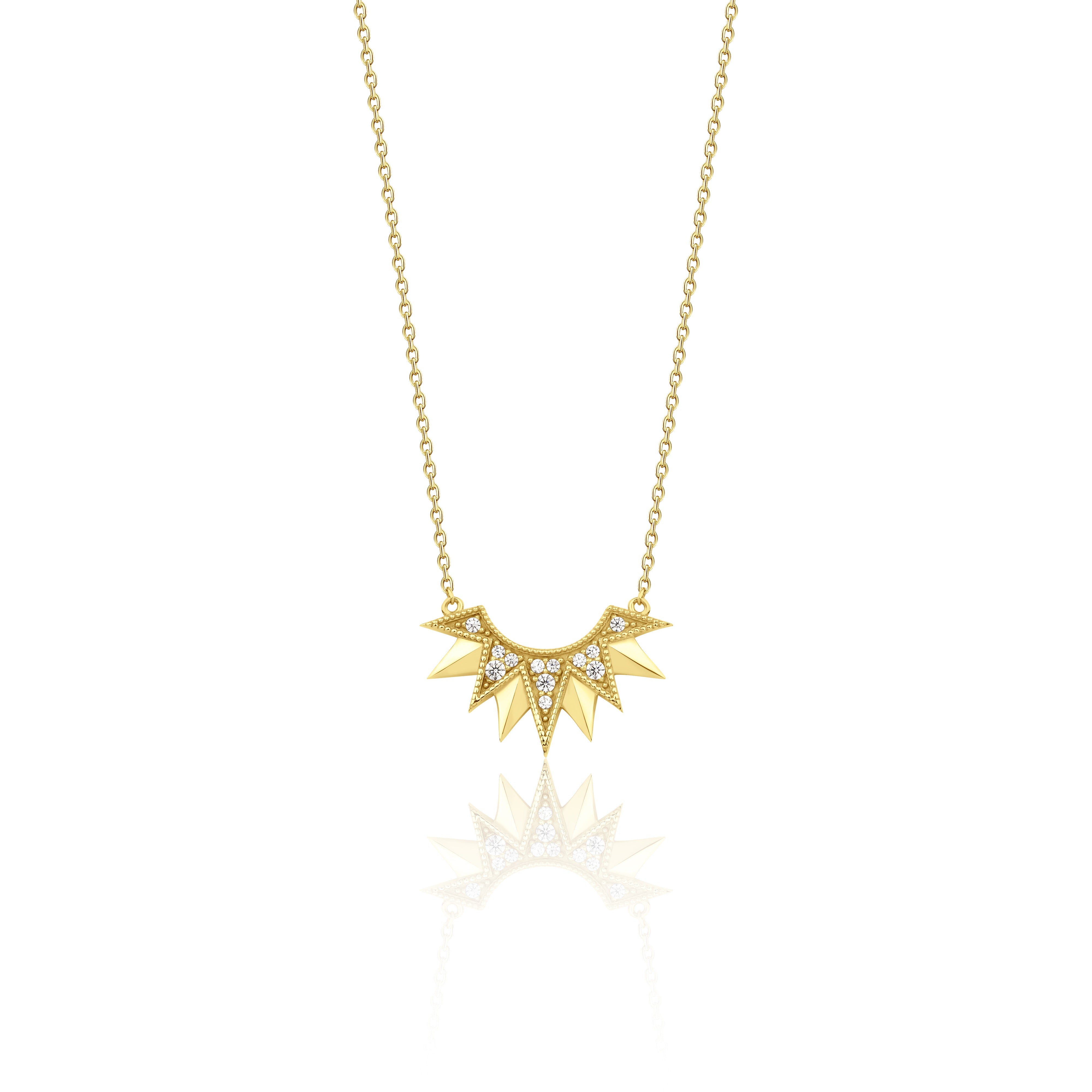 yellow gold sunburst pendant necklace on white background