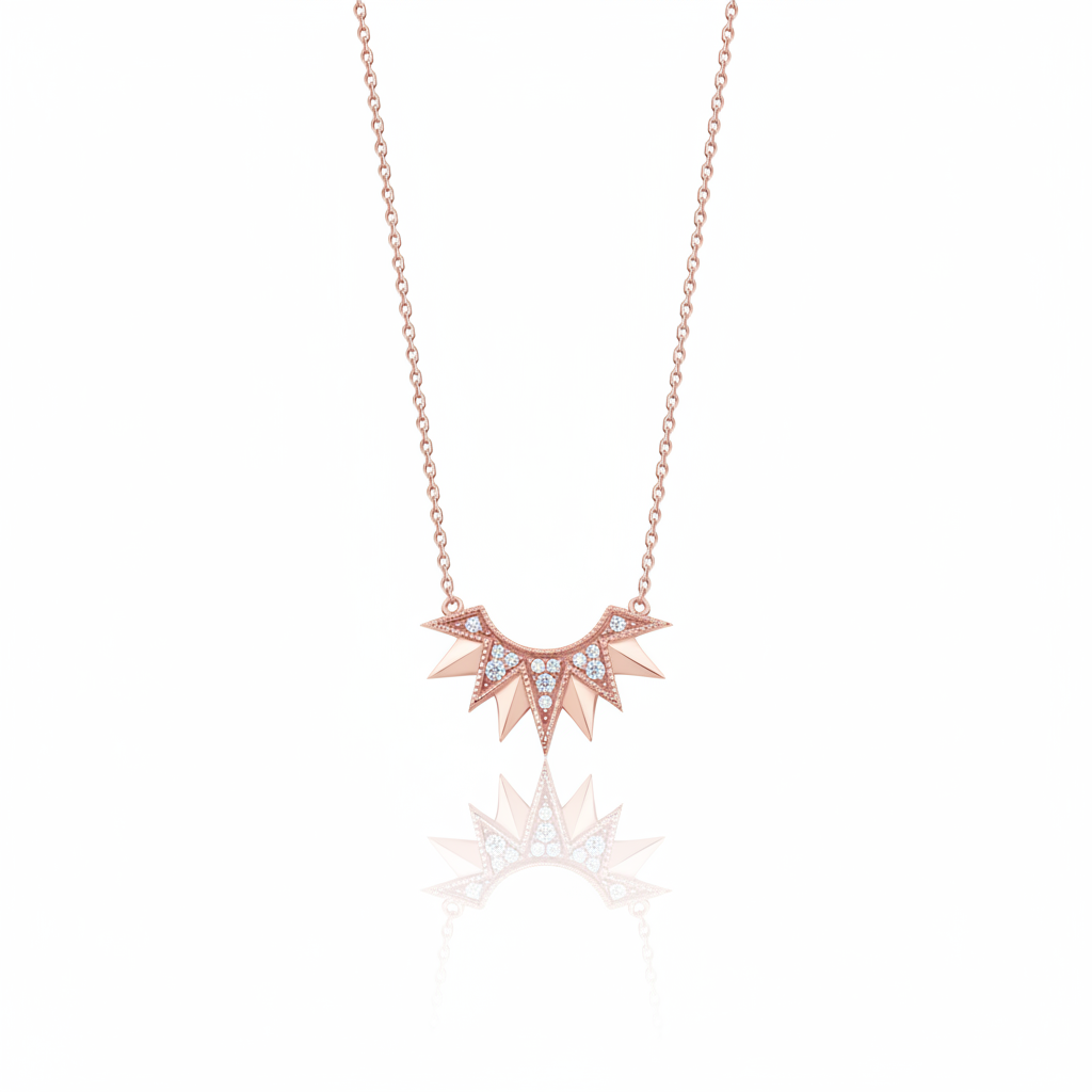 rose gold sunburst pendant necklace on white background