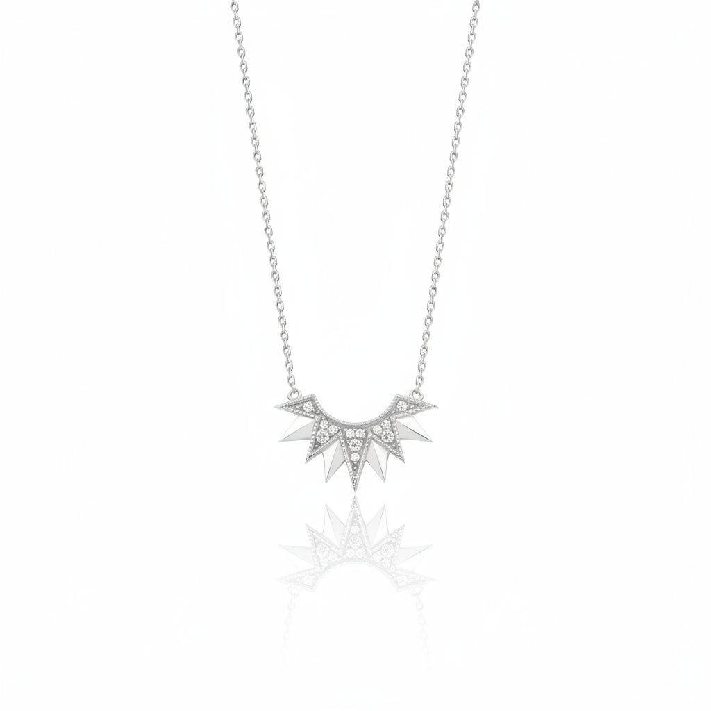 white gold sunburst pendant necklace on white background