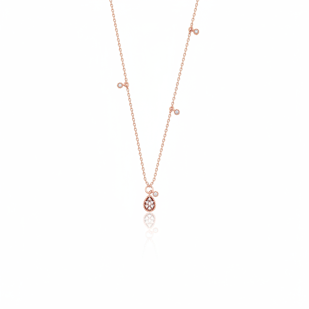 rose gold teardrop pendant necklace on white background
