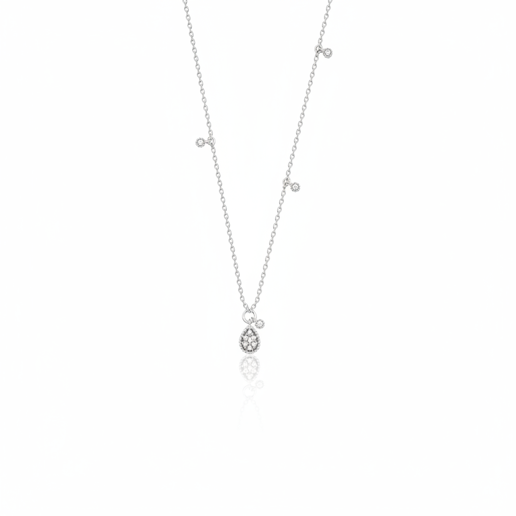 white gold teardrop pendant necklace on white background