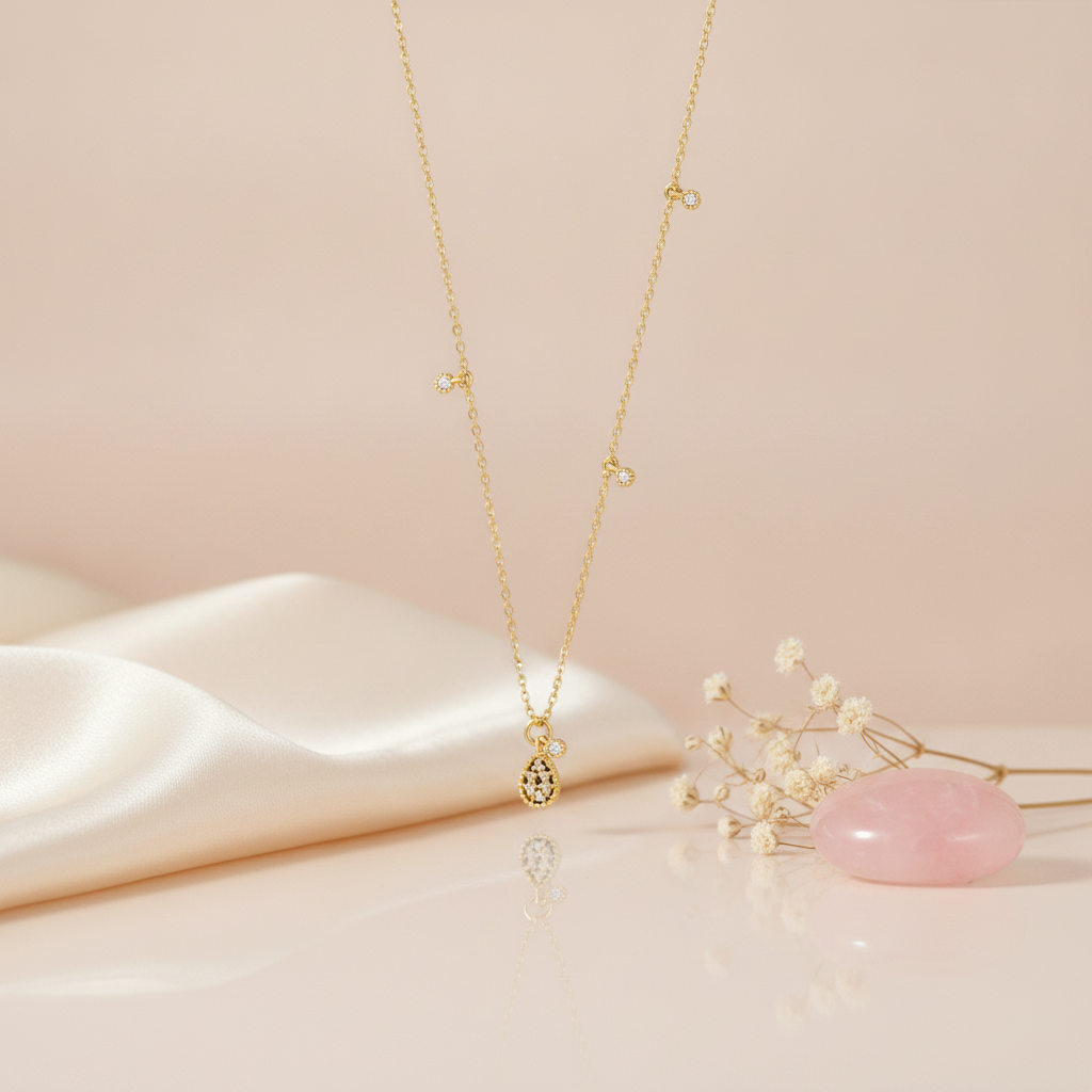 gold teardrop pendant necklace with charm stations styled with dried baby's breath and a pink stone on a blush background