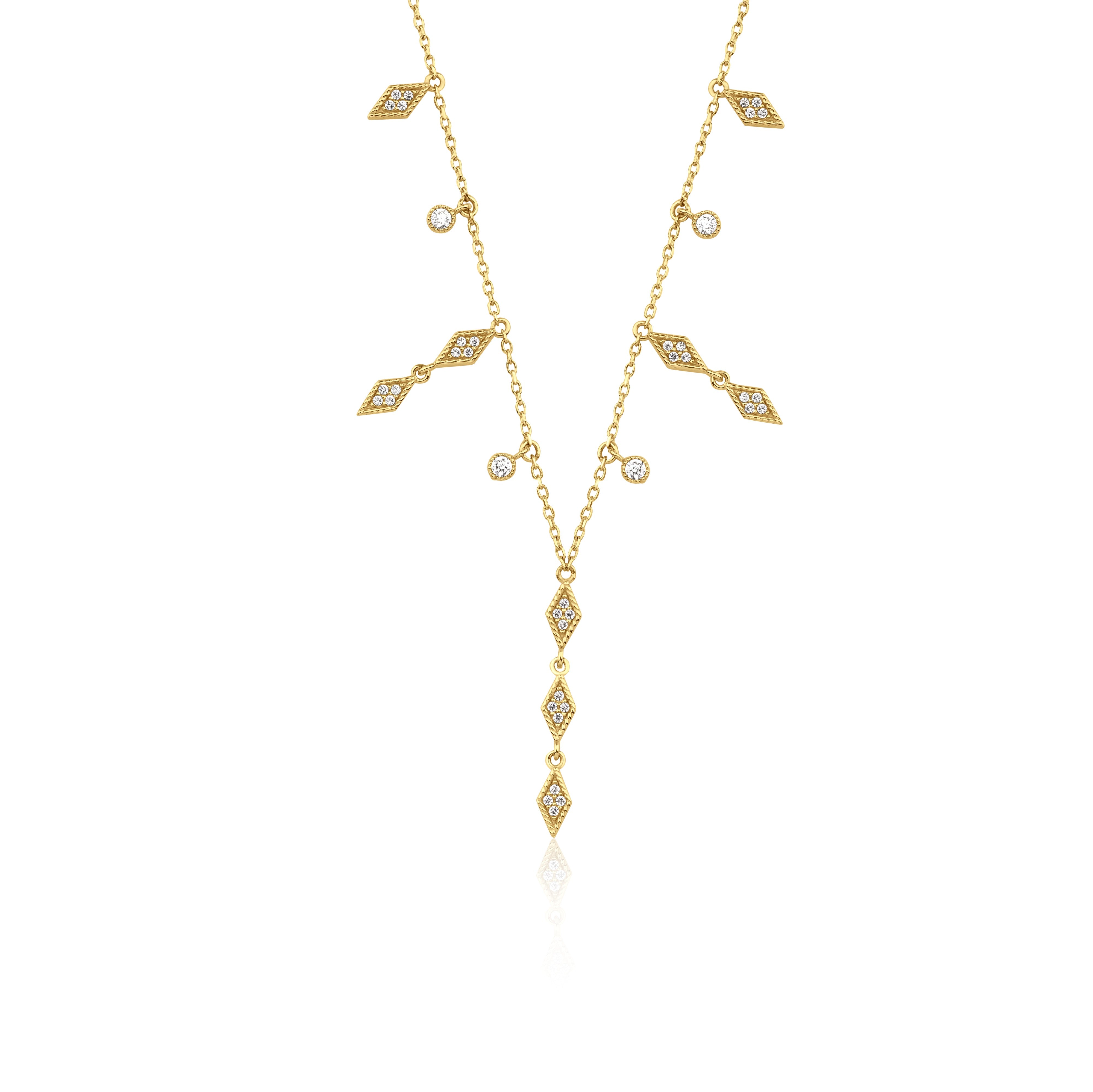 yellow gold geometric drop Y-necklace on white background