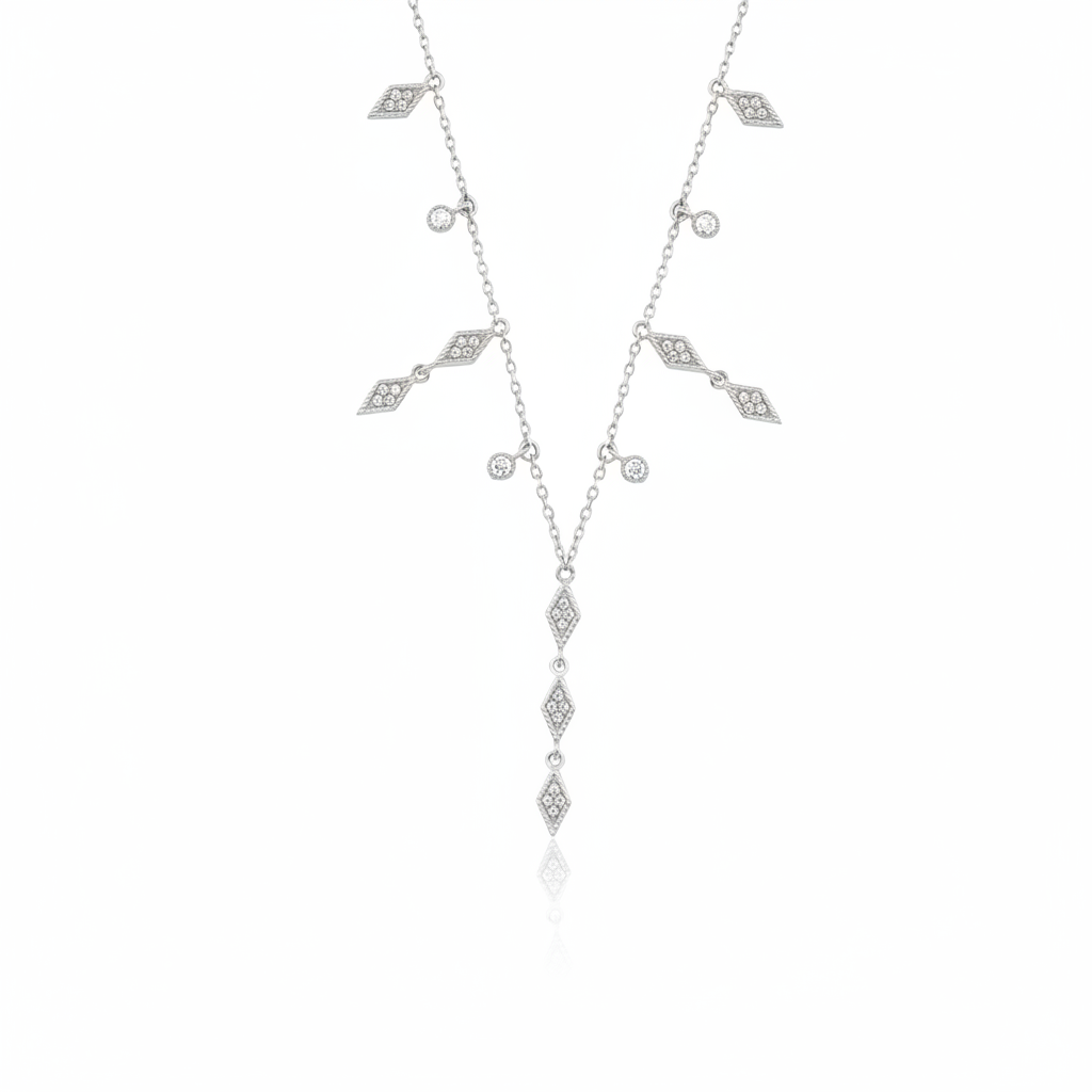 white gold geometric drop Y-necklace on white background