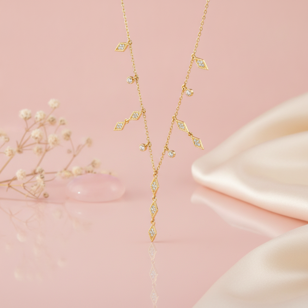 gold Y-necklace with a geometric drop styled with dried flowers and a pink stone on a blush background