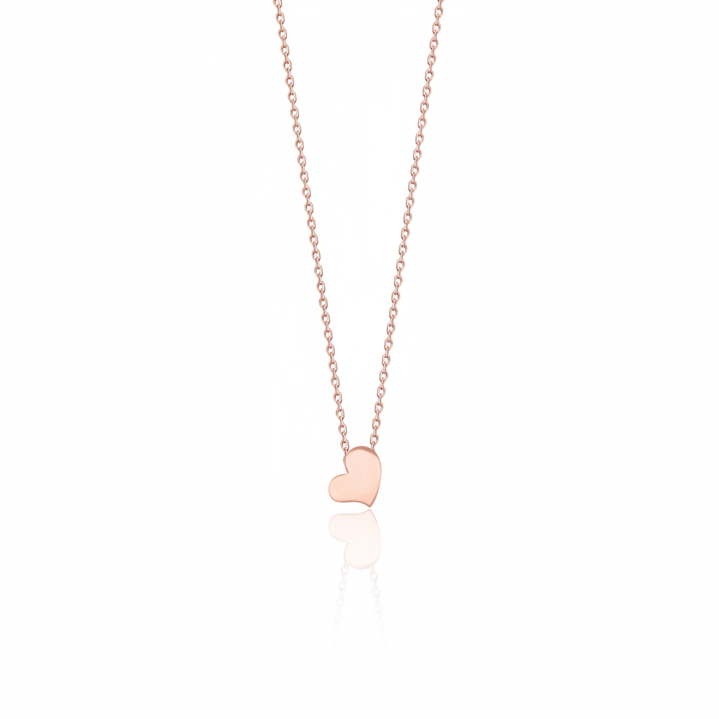 rose gold mirror-polished heart pendant necklace on white background