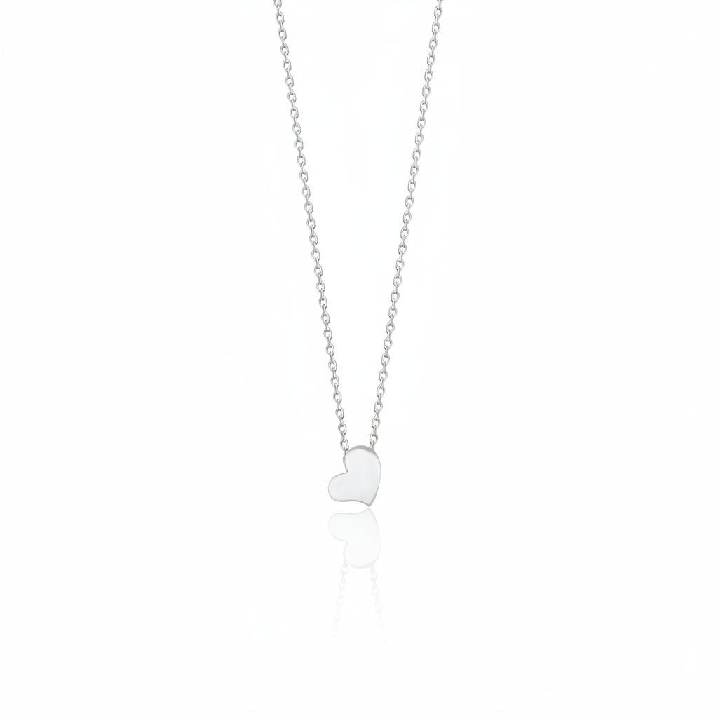 white gold mirror-polished heart pendant necklace on white background