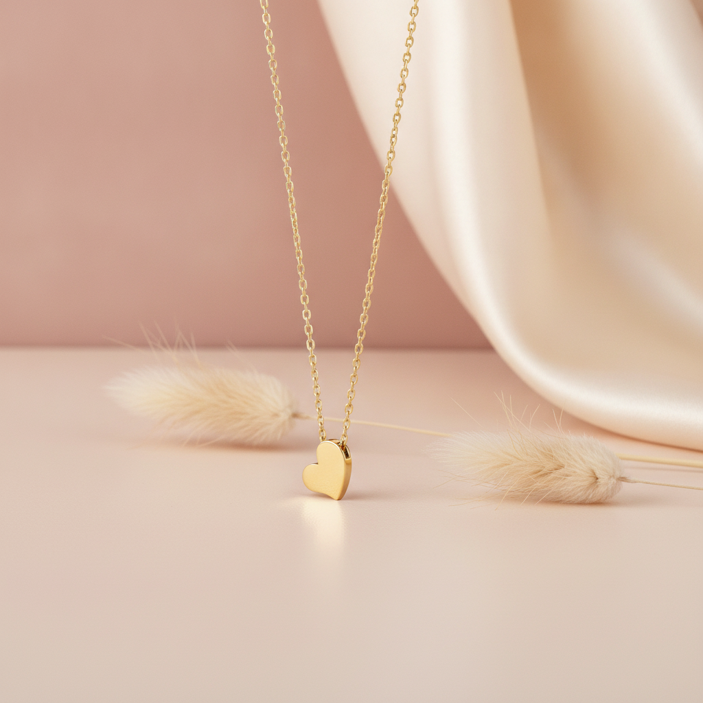 gold mirror-polished heart pendant necklace styled with fuzzy stems on a blush background