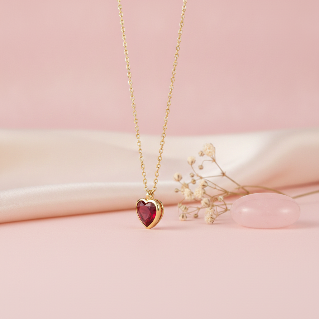 gold heart pendant necklace with a red stone styled with dried baby's breath and a pink stone on a blush background