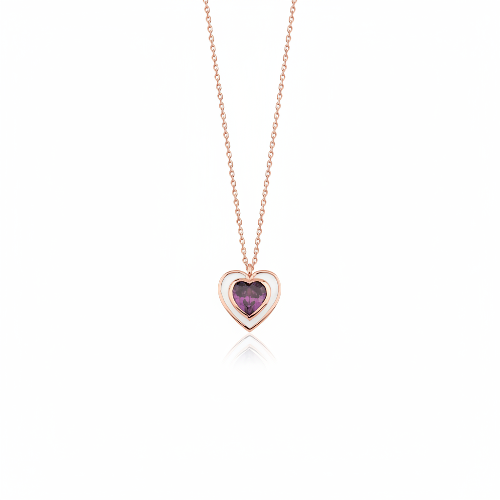 rose gold enamel heart pendant necklace on white background