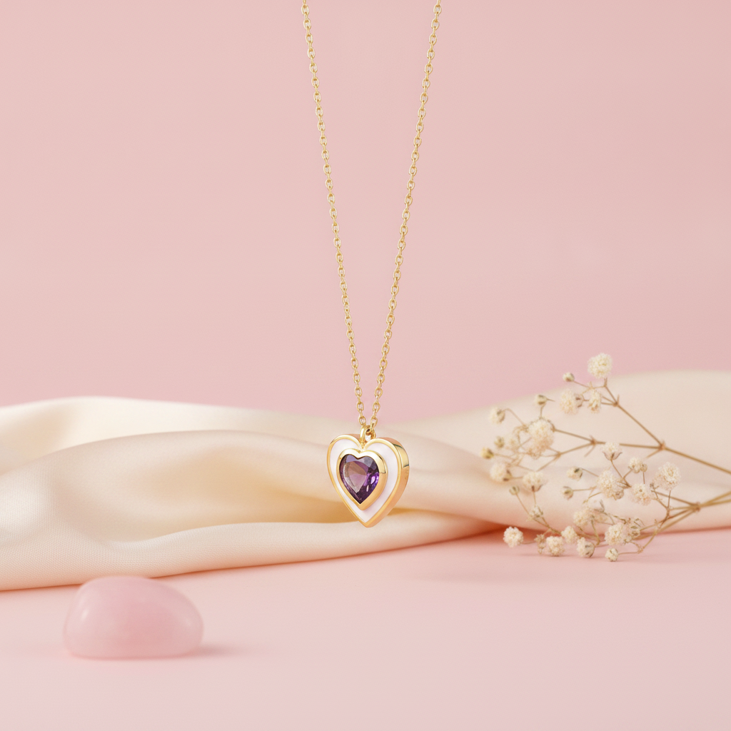gold heart pendant necklace with a purple stone and white enamel styled with dried baby's breath on a blush background