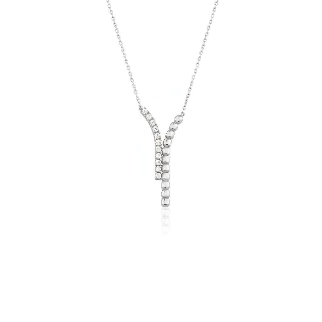 white gold dual strand Y-necklace on white background