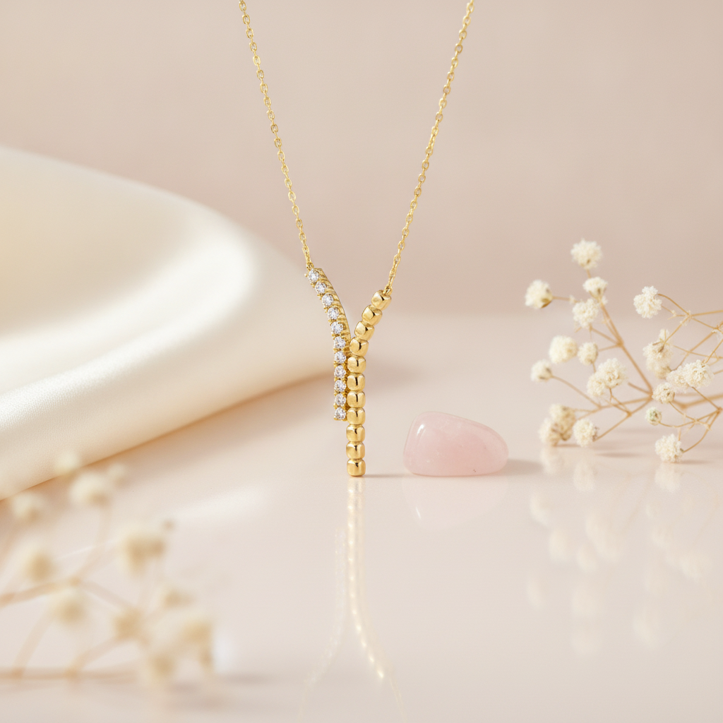 gold Y-necklace with a beaded strand and pave stones styled with a pink stone on a blush background