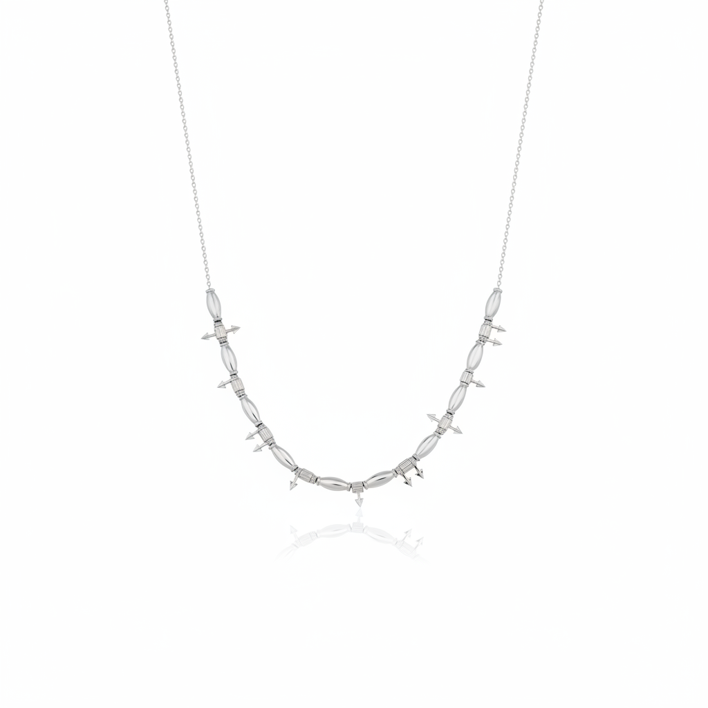 white gold arrow bead necklace on white background