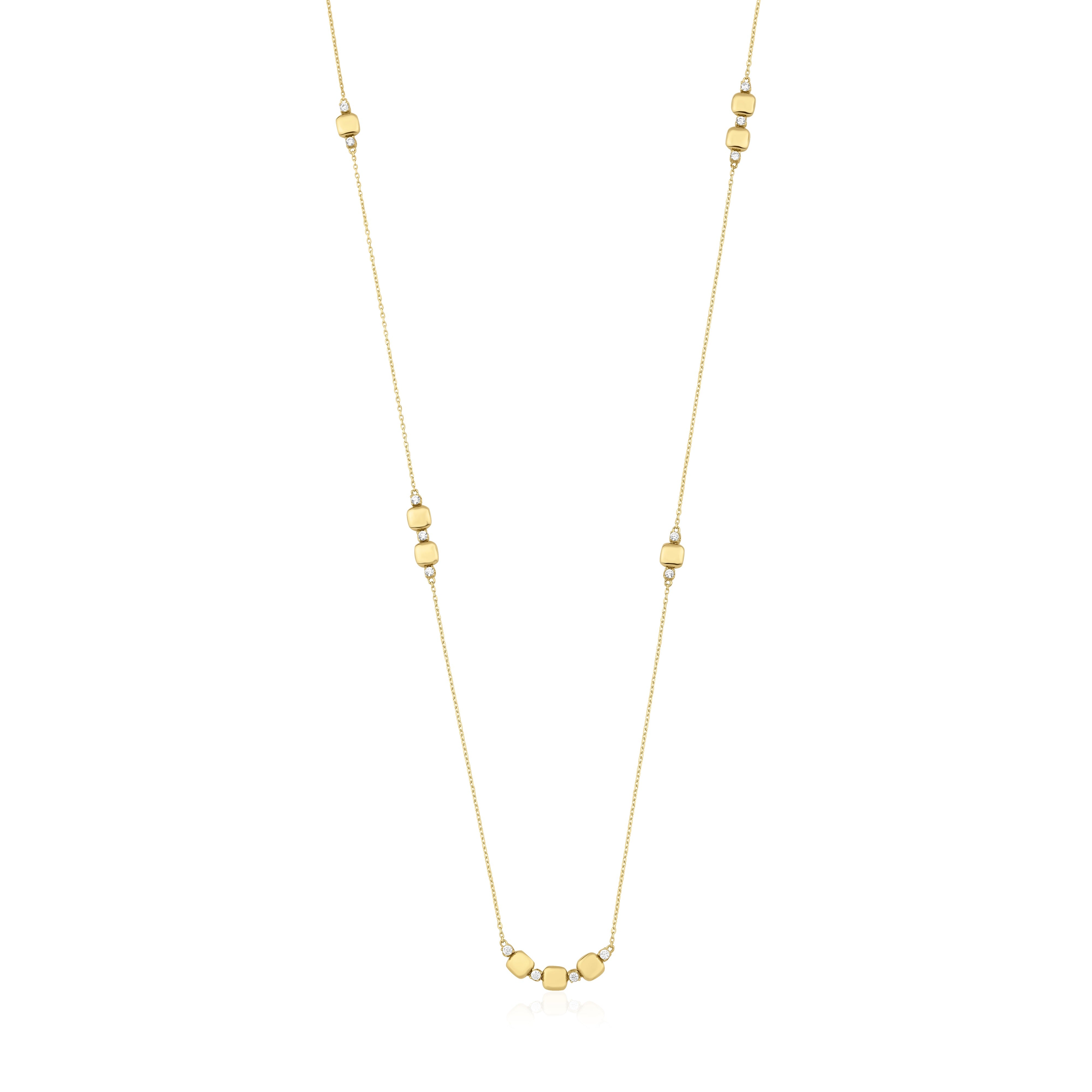 yellow gold square station necklace on white background