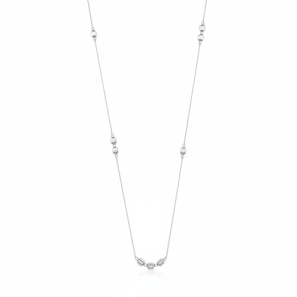 white gold square station necklace on white background