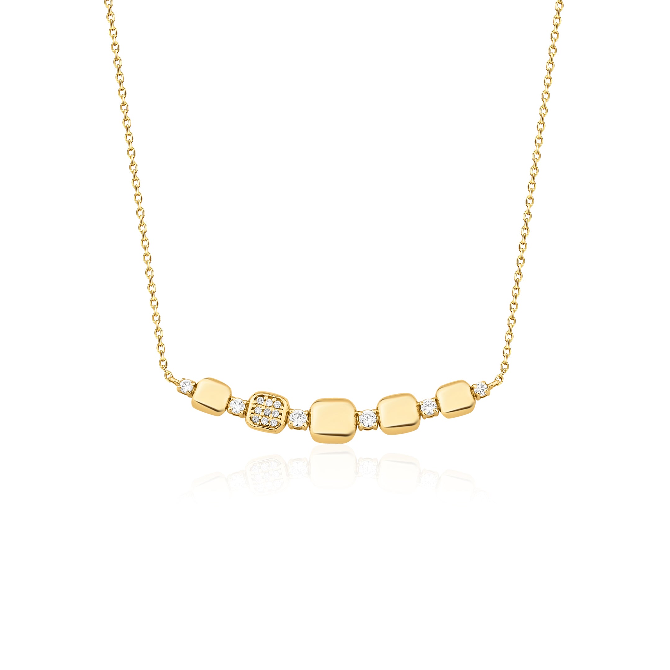 yellow gold cushion curve necklace on white background