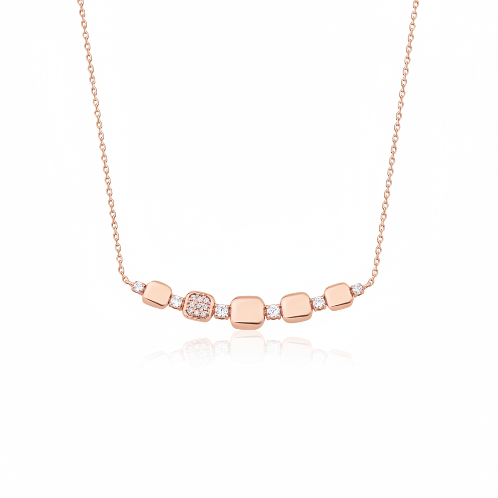 rose gold cushion curve necklace on white background