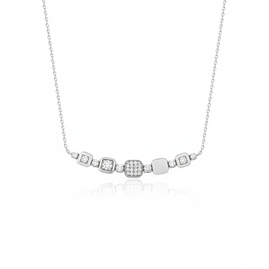 white gold cushion curve necklace on white background