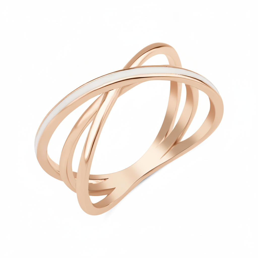 rose gold crossover ring on white background