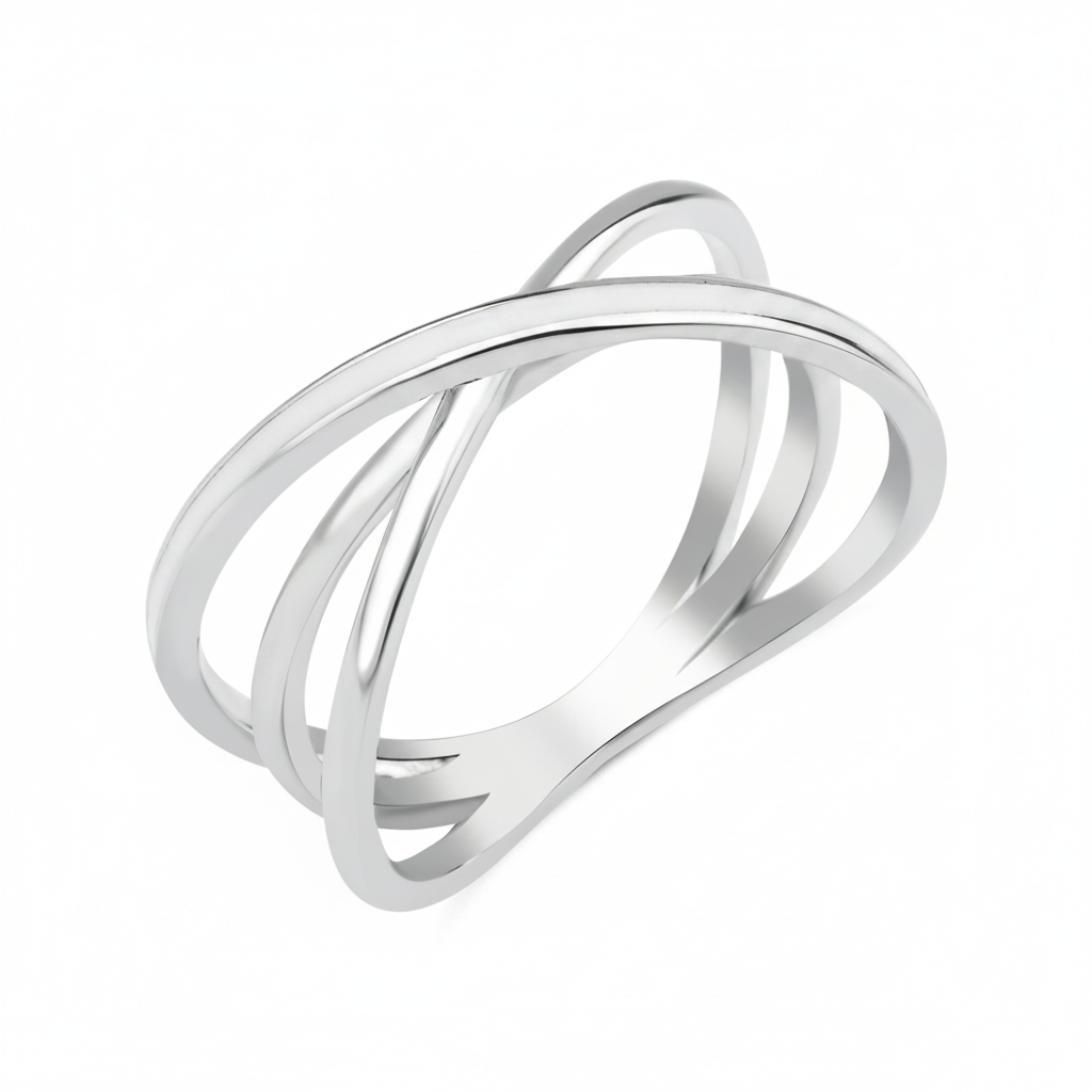 white gold crossover ring on white background