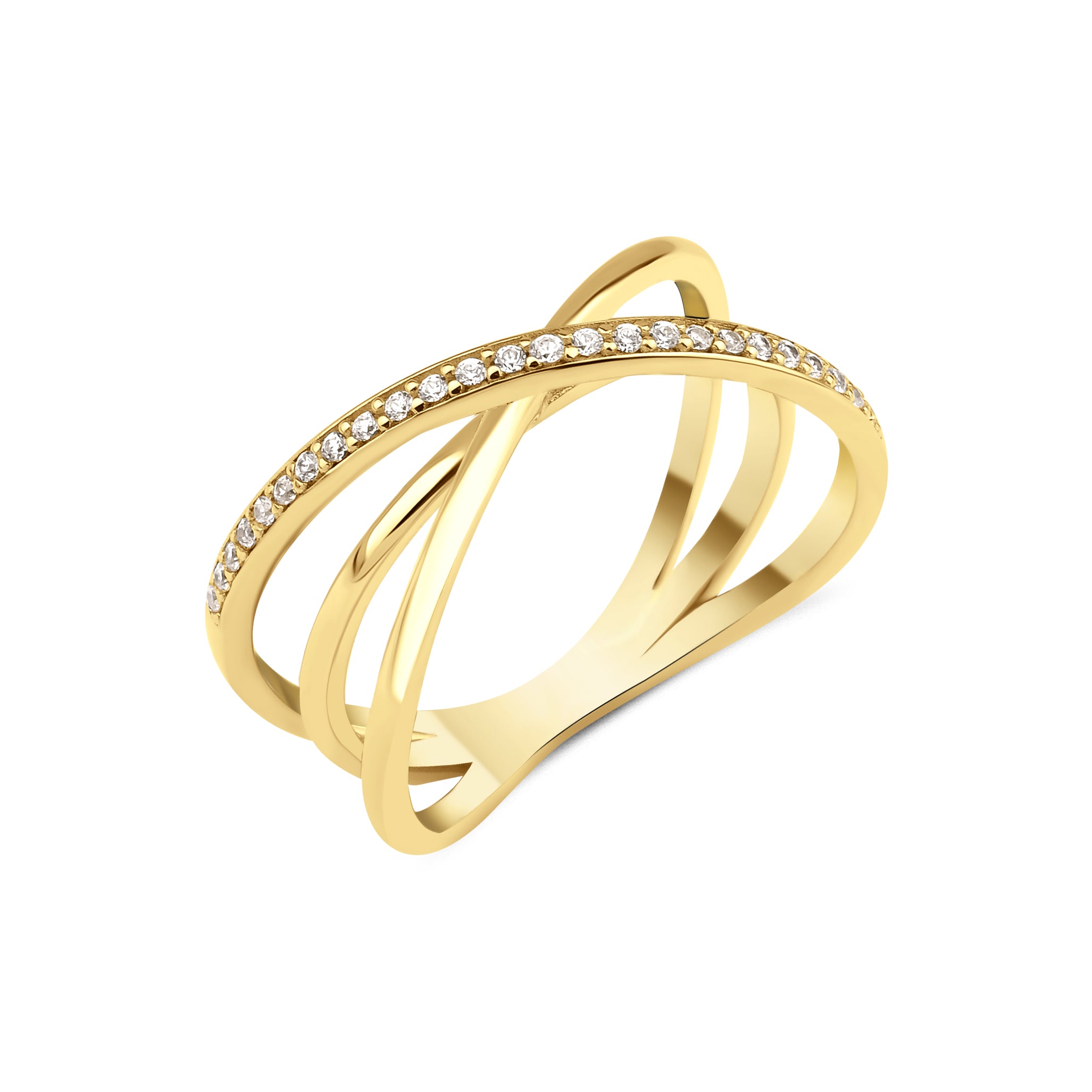 yellow gold pave crossover ring on white background