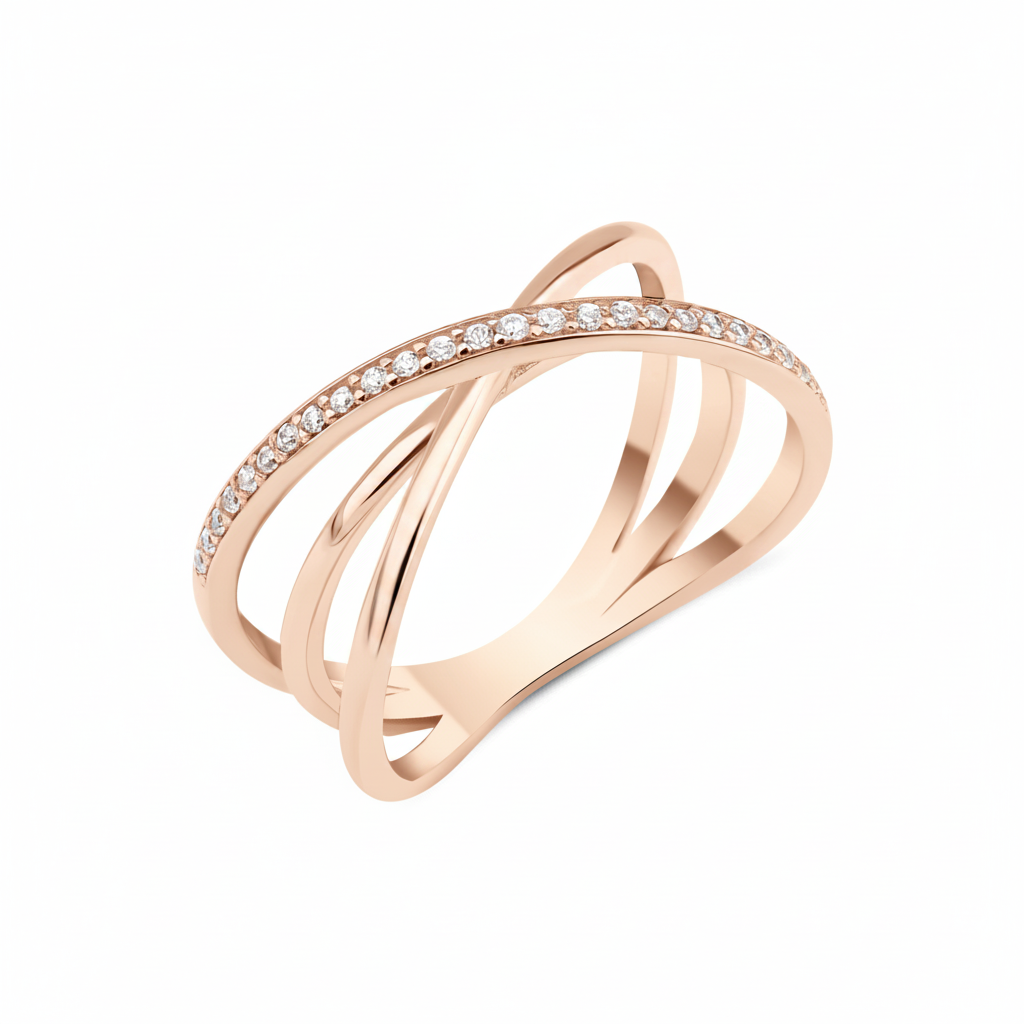 rose gold pave crossover ring on white background
