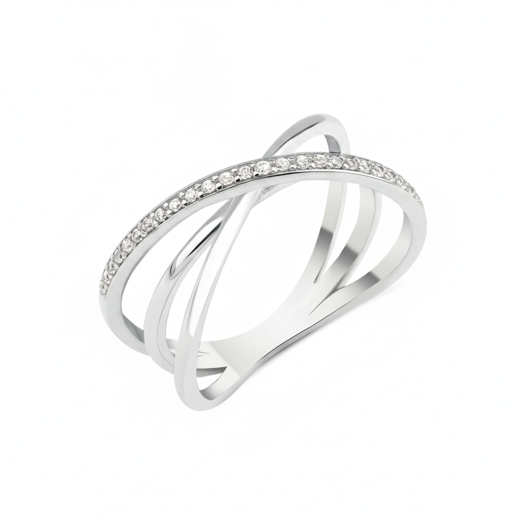 white gold pave crossover ring on white background