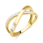 yellow gold baguette crossover ring on white background