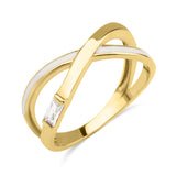 yellow gold baguette crossover ring on white background