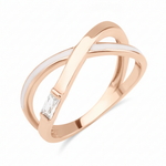 rose gold baguette crossover ring on white background