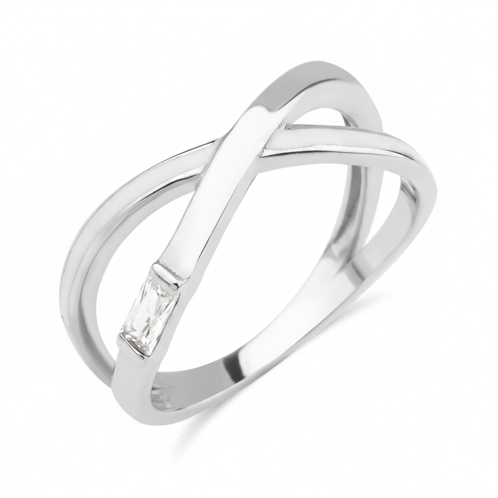 white gold baguette crossover ring on white background