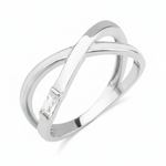 white gold baguette crossover ring on white background