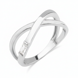 white gold baguette crossover ring on white background