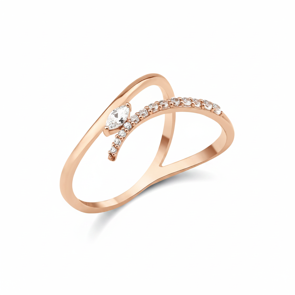 rose gold marquise bypass ring on white background