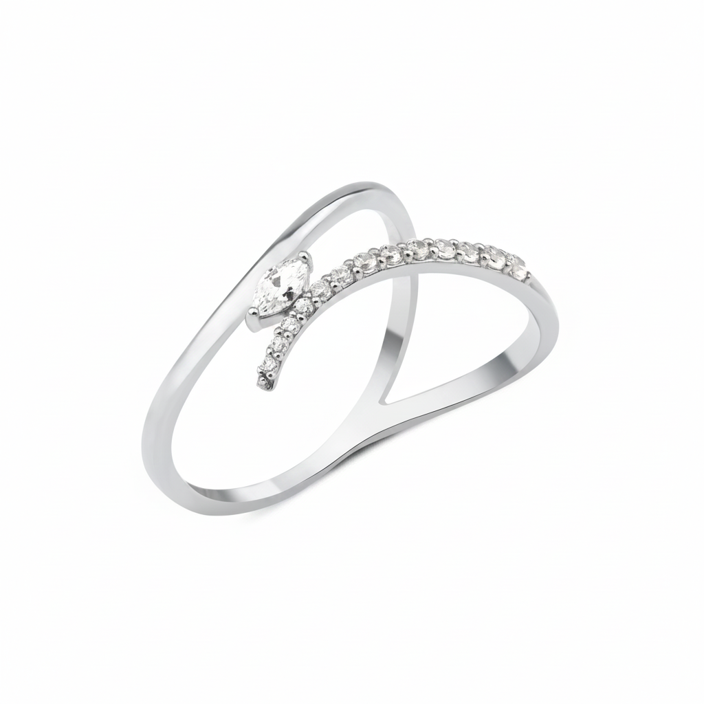 white gold marquise bypass ring on white background