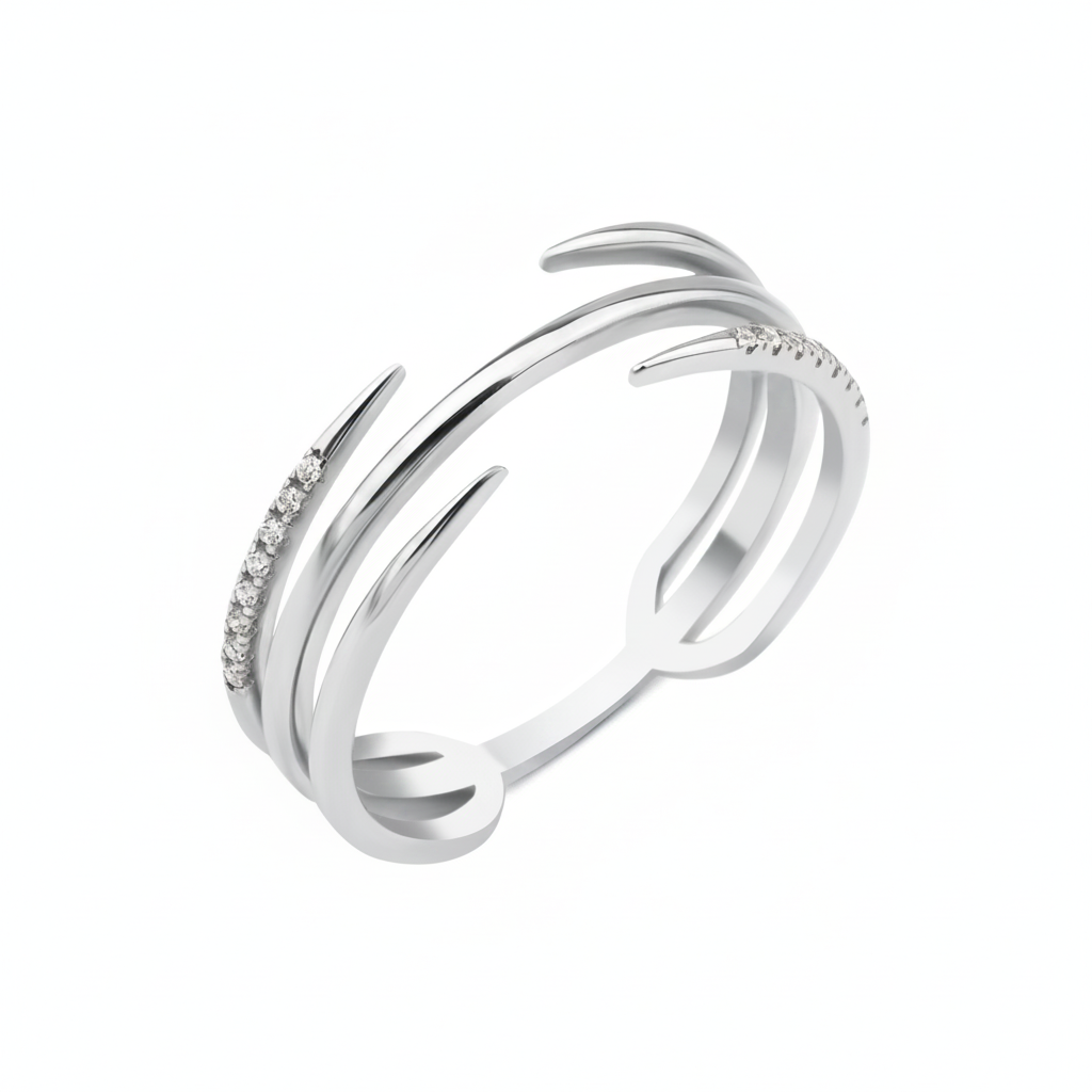 white gold claw wrap ring on white background