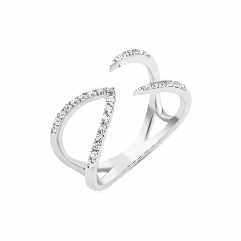 white gold open arc ring on white background