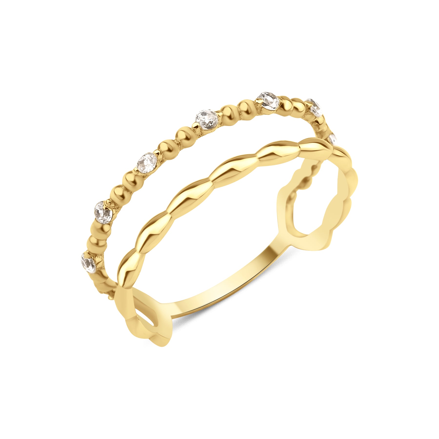 yellow gold beaded wave ring on white background