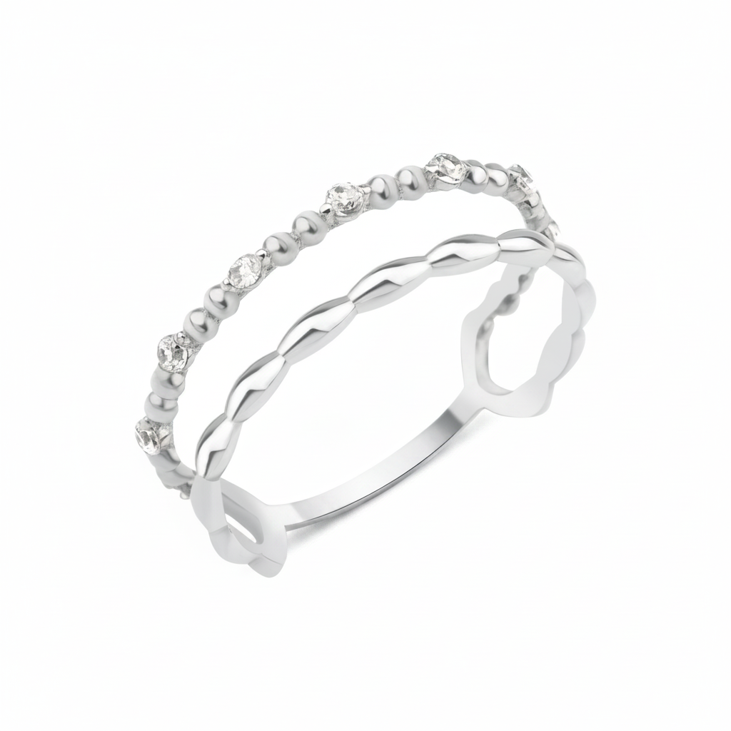 white gold beaded wave ring on white background