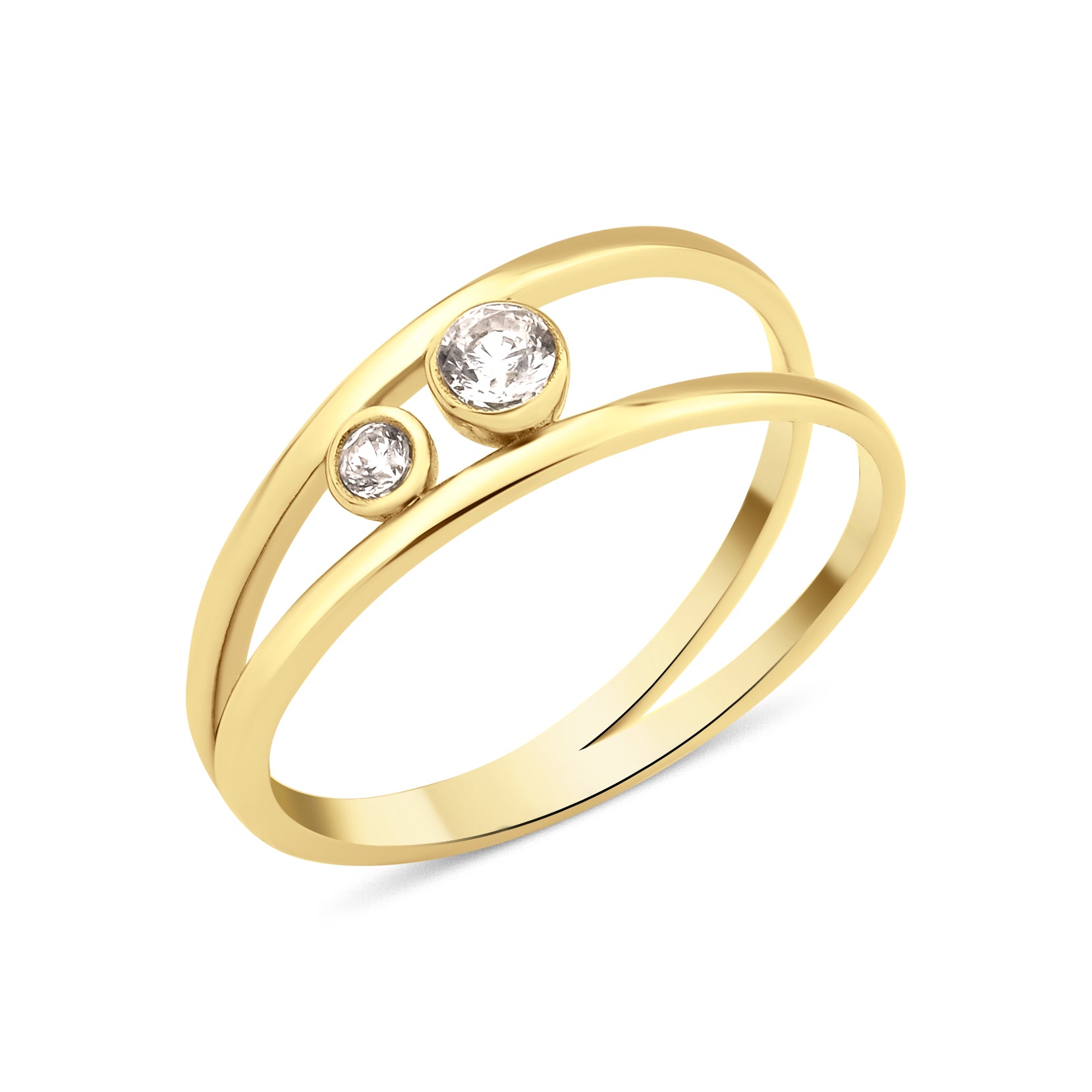 yellow gold open double-band ring with two bezel-set clear stones on white background