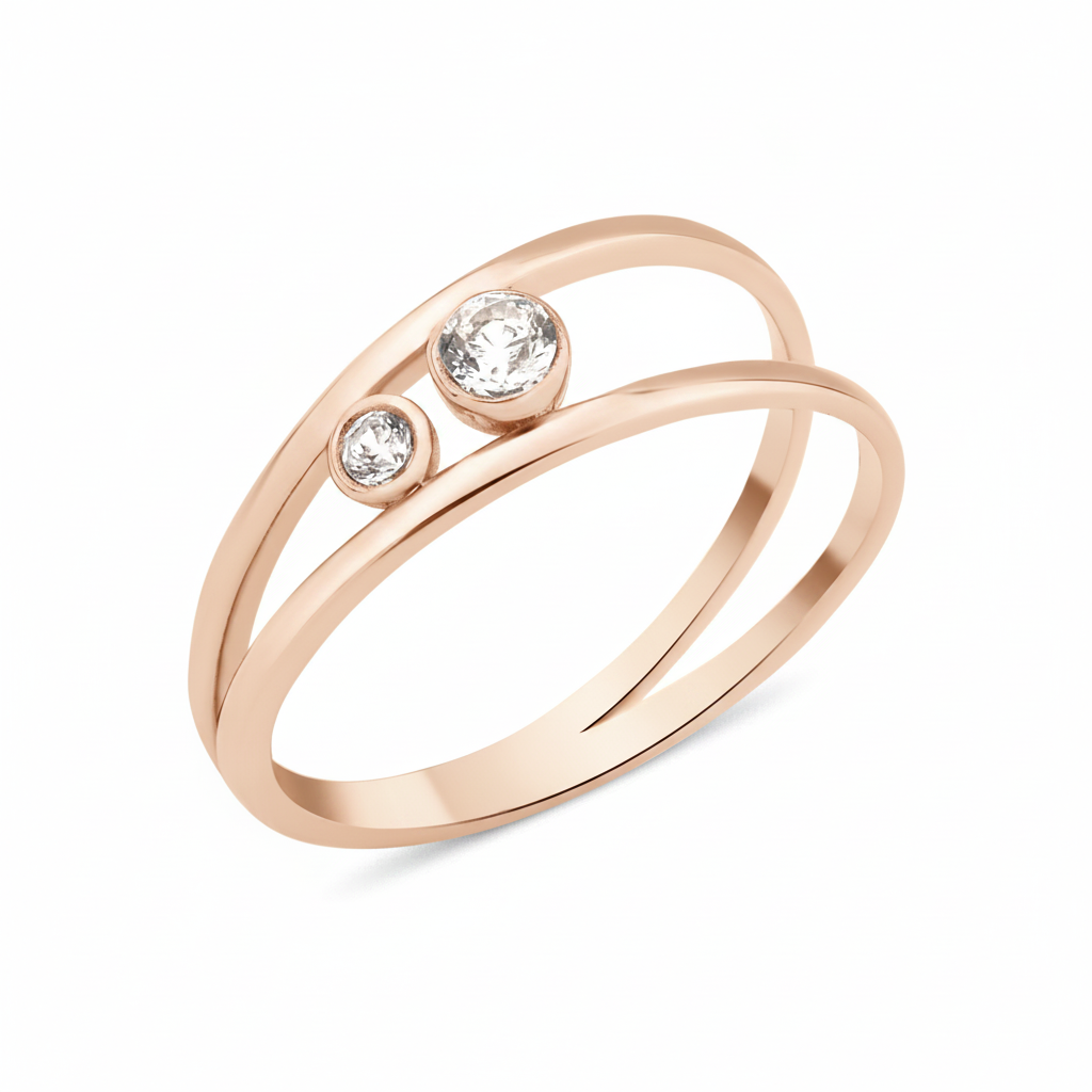 rose gold open double-band ring with two bezel-set clear stones on white background