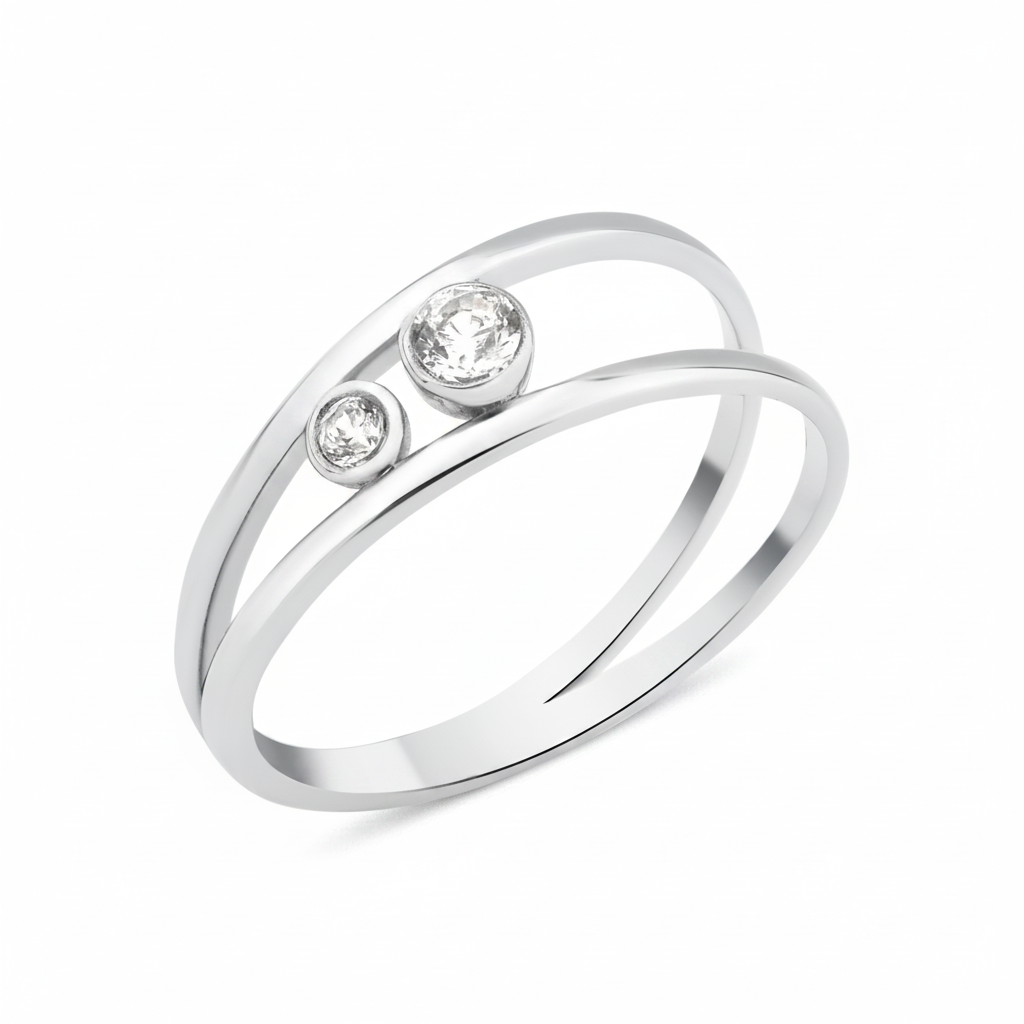 white gold open double-band ring with two bezel-set clear stones on white background