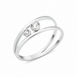 white gold open double-band ring with two bezel-set clear stones on white background