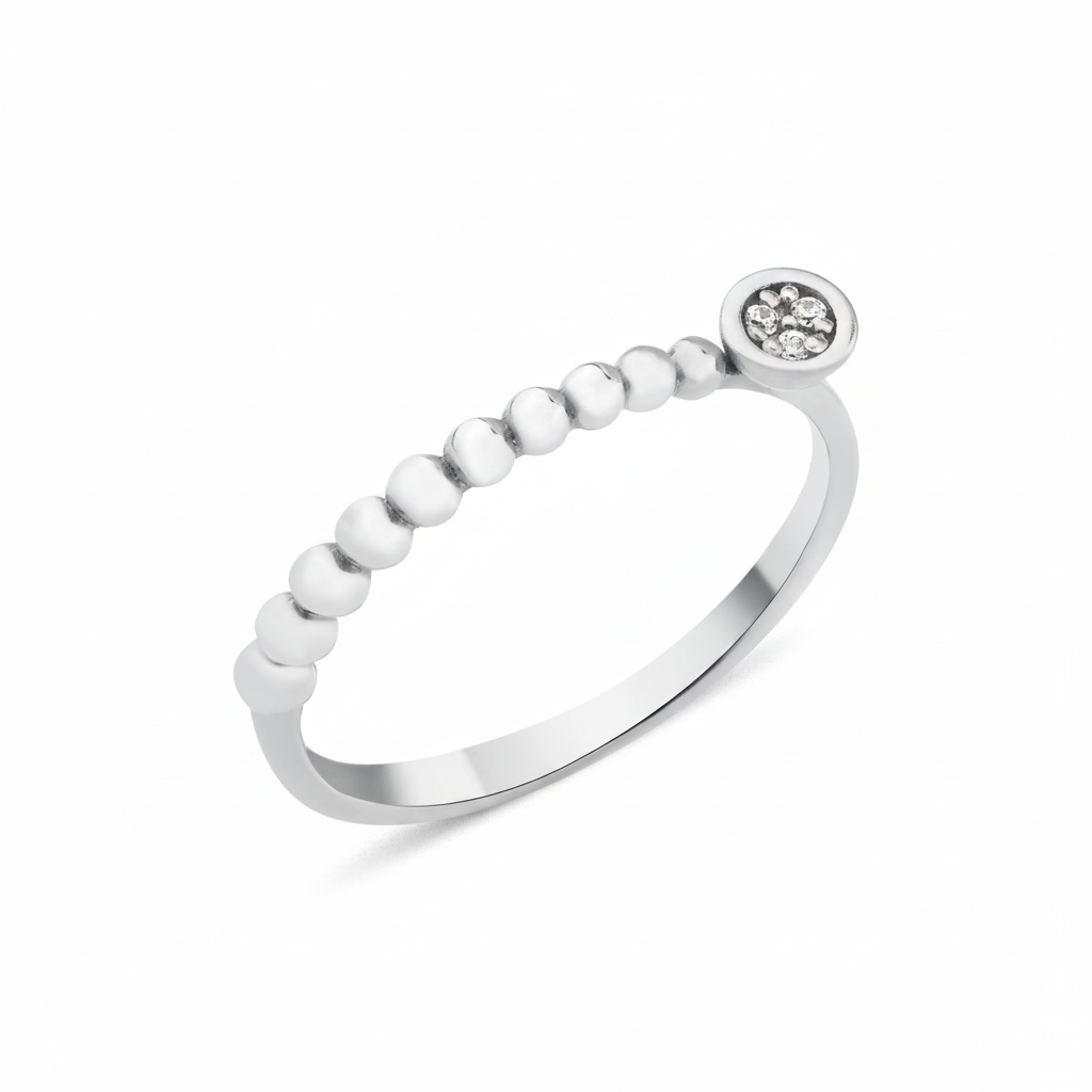 white gold beaded ring with a round cluster of White CZ stones on white background