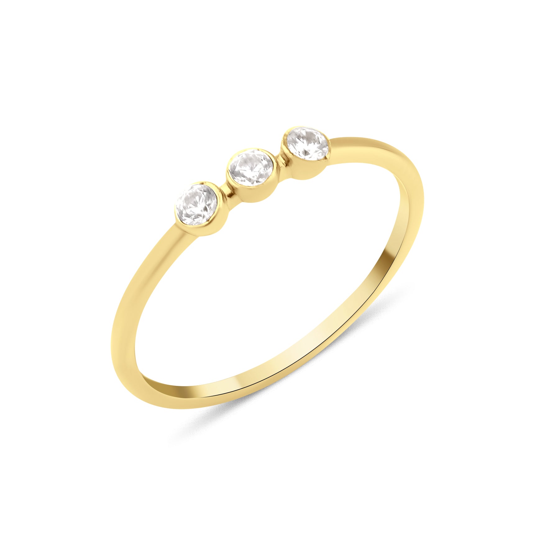 yellow gold slim ring with three bezel-set White CZ stones in a row on white background