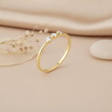 slim gold ring with three bezel-set White CZ stones in a row, styled with dried flowers and a pebble on a pink background